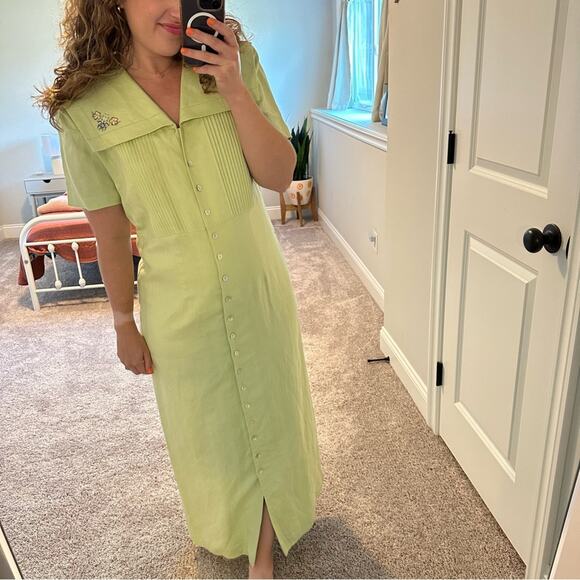Vintage Coldwater Creek Green Floral Embroidered Shell Button Maxi Dress 12 - Picture 5 of 16